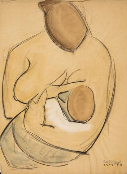  Manolis CALLIYANNIS (1923 - 2010) 
Maternité 
Fusain et aquarelle sur papier 
67...