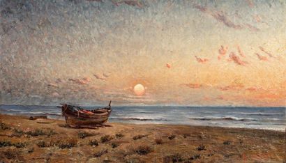  GORLOFF (Valentin Alexandrovitch 1860-1935) Rivage niçois, barque au soleil couchant...