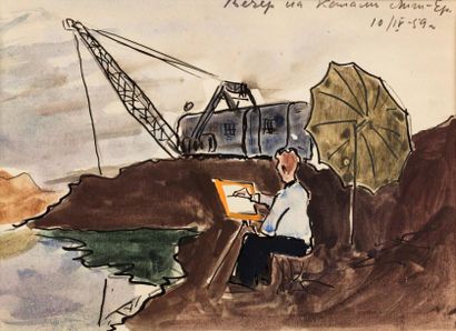  BUDAEV V. (1929-1998). 
Peintre peignant une grue sur un port le soir. 
Aquarelle...