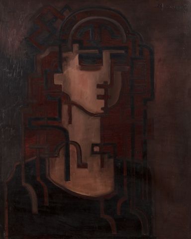  Natalia GONTCHAROVA (Ladyijno 1881 - Paris 1962) 
Espagnole cubiste 
Huile sur panneau
45... Gazette Drouot