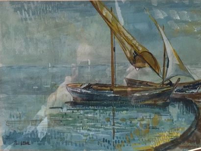  Attribué à Paul LEDUC (1876-1943) 
Bateau au mouillage 
Aquarelle 
17,8 x 23,8 cm...