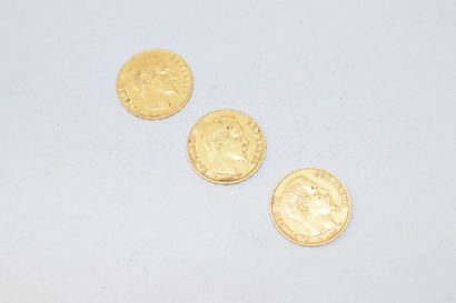 null 3 pièces de 20 Francs or Napoléon III tête nue, Paris, 1856,1857,1859.

Poids...