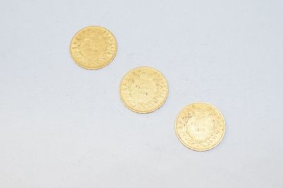 null 3 pièces de 20 Francs or Napoléon III tête nue, Paris, 1856,1857,1859.

Poids...