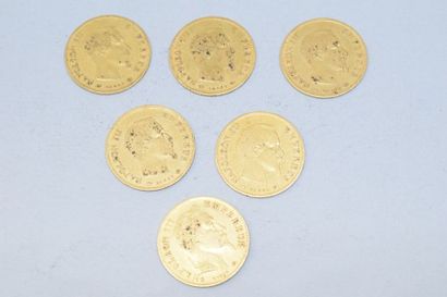 null 6 pièces en or :

5 pièces de 10 Francs Napoléon III tête nue, Paris,1856 x2,...