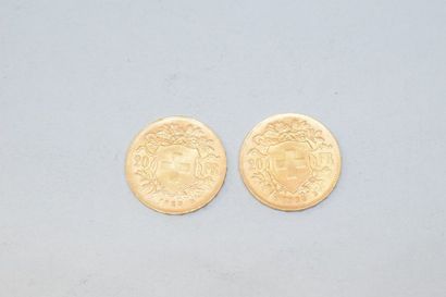 null 2 pièces en or de 20 Francs Suisse, 1935. TTB/SUP.

Poids : 12.9g.