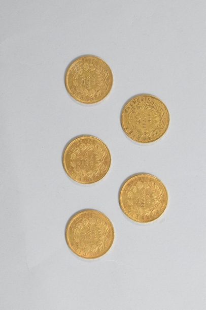 null 5 Pièces en or de 20 Francs Napoléon III, tête nue, Paris, 1853, 1854 (2), 1857,...
