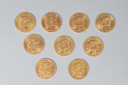 null 9 Pièces en or de 20 Francs au Coq, 1902,1907, 1908, 1909(2),1911 1913(2), 1914



TB...