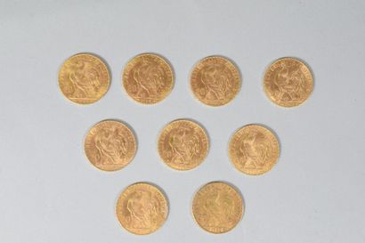 null 9 Pièces en or de 20 Francs au Coq, 1902,1907, 1908, 1909(2),1911 1913(2), 1914



TB...