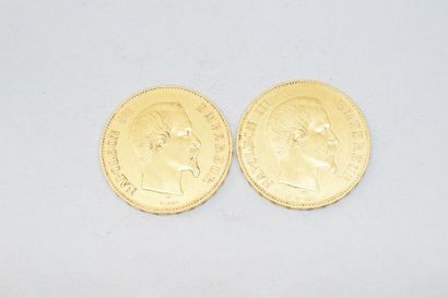 null Deux pièces en or de 100 francs Napoléon III tête nue,

- 2 x 1857 A TTB à SUP.

Poids...