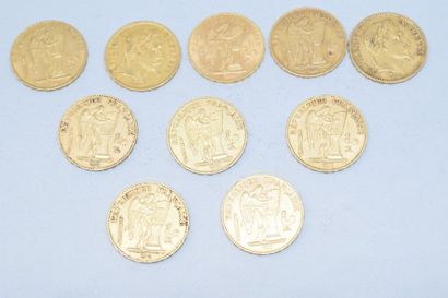 null Lot de 10 pièces en or comprenant :

Huit 20 francs Génie, IIIè République Dupré

-...