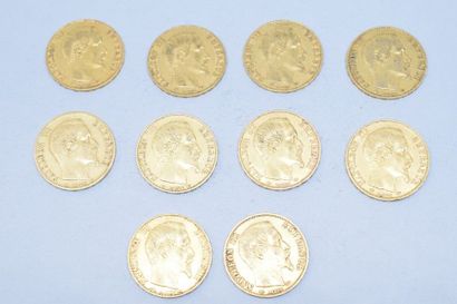 null Lot de 10 pièces en or de 20 francs Napoléon III Empire français - tête nue,

-...