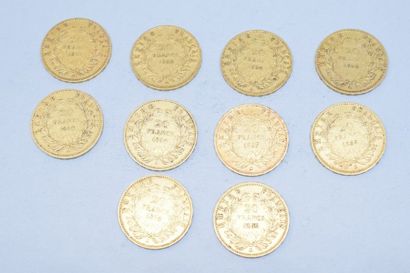 null Lot de 10 pièces en or de 20 francs Napoléon III Empire français - tête nue,

-...