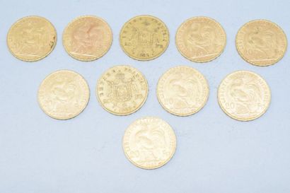 null Lot de 10 pièces en or comprenant :

Huit pièces de 20 francs Coq Dieu protège...