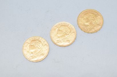 null Trois pièces en or 20 francs Vreneli

- 1914 B TTB à SUP

- 1935 LB TTB à SUP

Poids...