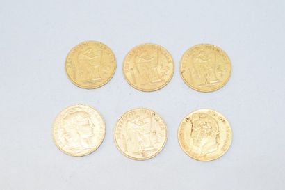 null Lot de six pièce en or comprenant : 

Quatre pièce de 20 francs Génie, IIIè...