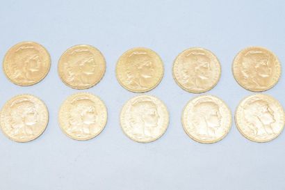 null Dix pièces en or de 20 francs Coq Dieu protège la France

- 2 x 1904 TTB à SUP...