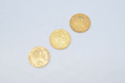 null Trois pièces en or de 20 francs Napoléon III tête nue. 1852 A - 1854 A - 1857...