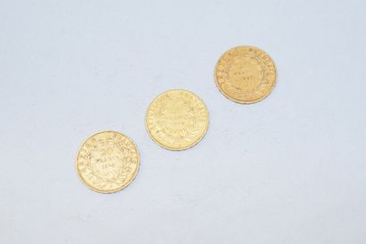 null Trois pièces en or de 20 francs Napoléon III tête nue. 1852 A - 1854 A - 1857...