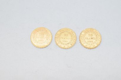 null Trois pièces en or de 20 francs " Génie ". 1877 A - 1886 A - 1895 A. 

TB à...