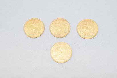 null Quatre pièces en or de 20 francs Coq " Dieu protège la France ". 1901 - 1904...