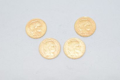 null Quatre pièces en or de 20 francs Coq " liberté, égalité, fraternité ". 1907...
