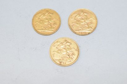 null Trois pièces en or 1 souverain Edouard VII - 1903 - 1907 - 1910.

TB à TTB

Poids...