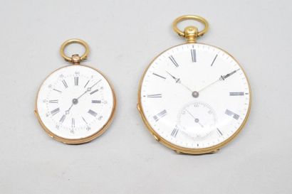 null Lot de deux montres de gousset en or jaune 18k (750), cadrans à fond émaillé...