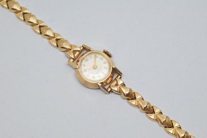 null Montre bracelet de dame en or jaune 18k (750), boîtier rond, cadran à fond doré...