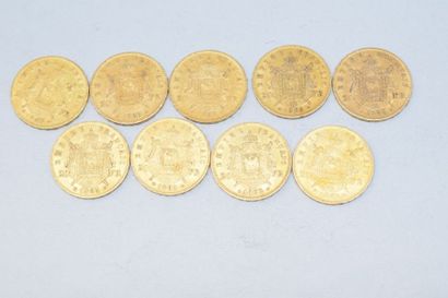 null Lot composé de 9 pièces de 20 francs Napoléon III tête laurée

- 2 x 1868 A

-...