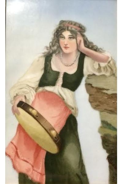  HUNDINGER C. (XIXe siècle) 
Femme au tambourin, 87 
Encre et aquarelle sur carreau...