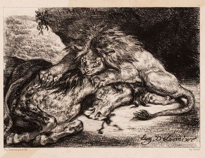  DELACROIX Eugène, d'après 
Lion dévorant un cheval 
lithographie en noir, tirage...