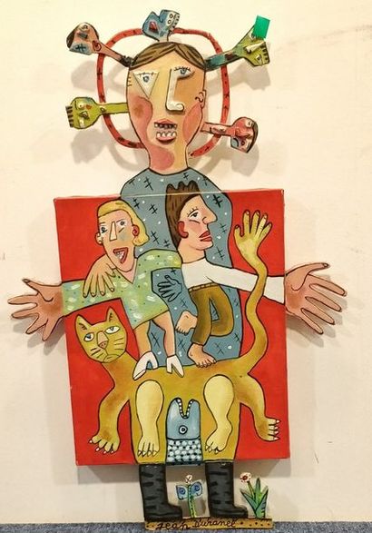 null DURANEL Jean, né en 1946, 

Personnages et chat, 

tableau objet, huile sur...