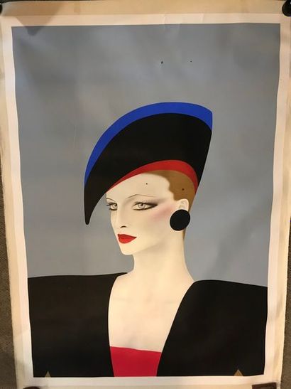 null ECOLE MODERNE 

Femme au chapeau

Affiche entoilée, non signée

Traces de pli...