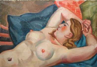 null FAVORY André, 1888-1937, 

Modèle aux coussins, 

huile sur toile (accidents),...