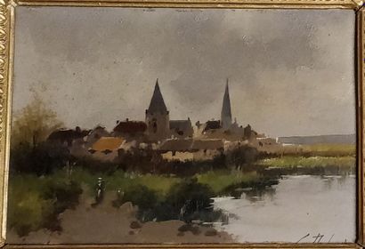 null GALIEN-LALOUE Eugène, 1854-1941, 

Village aux clochers, 

huile sur panneau,...