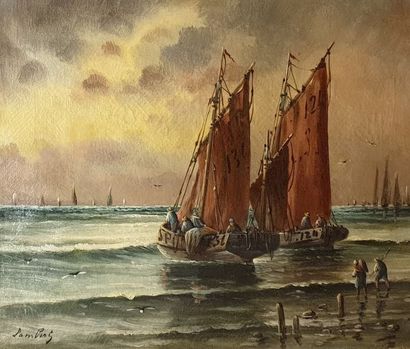 null LAMBERT (XIX-XXème siècle) 

Le retour de la pêche. 

Huile sur toile signée...