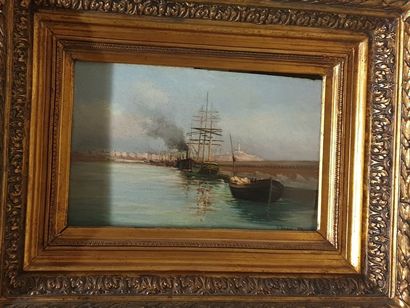 null VERAN, XIXe siècle,

Bateaux au port, 1885,

huile sur carton (restaurations),...