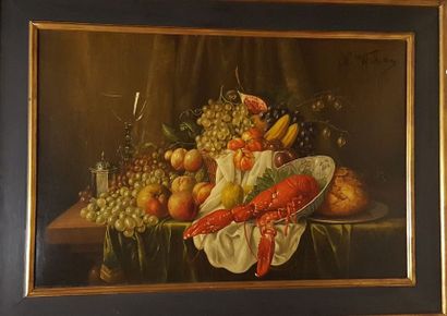 null WOKOS (XIX-XXème)

Fruits et homard, 

huile sur toile rentoilée (restaurations...