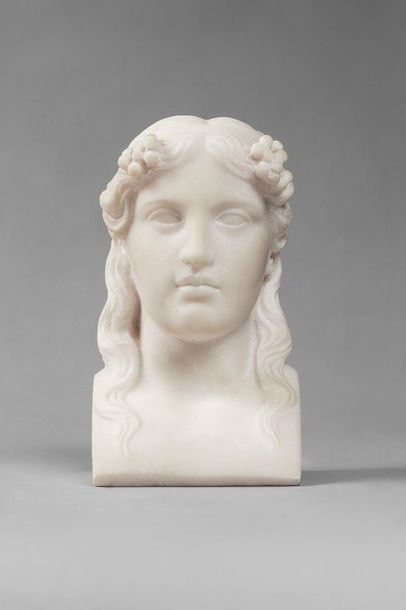  SANTELLI Italo, XXe siècle 
Tête de femme couronnée de fleurs 
sculpture en marbre...