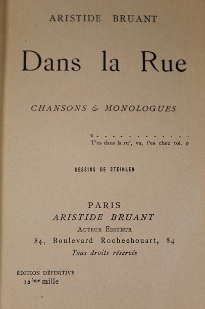 null BRUANT Aristide (1851-1925)

Dans la rue. 3 vol. Chansons et monologues. Couvertures...