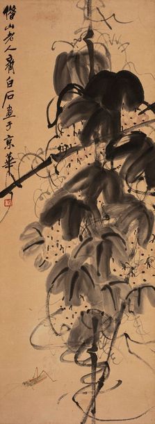  CHINE - XXe siècle 
Encre sur papier, sauterelle et fruits. Porte la signature apocryphe...
