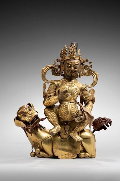  Tibet, XVIIIe siècle. 
Sujet en bronze doré et cuivre repoussé, avec rehauts de...