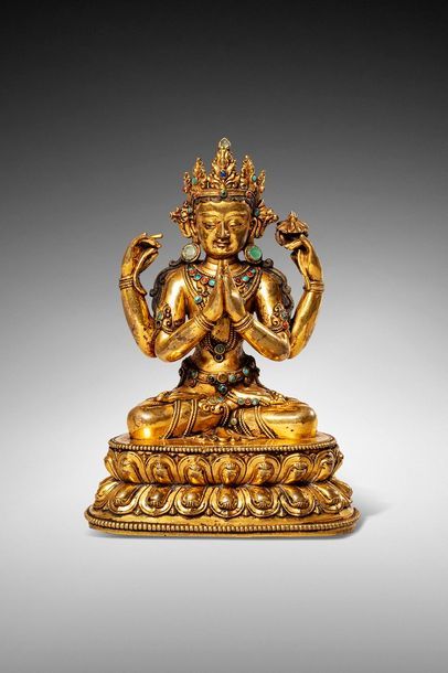  TIBET Statuette de Bouddha en bronze doré, à quatre bras dont deux en anjali-mudra,...