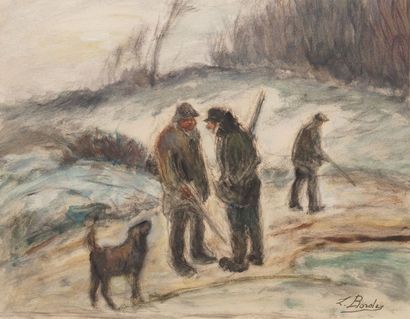 BORDES Léonard BORDES Léonard, 1898-1969 
Chasseurs en hiver 
peinture sur panneau,...