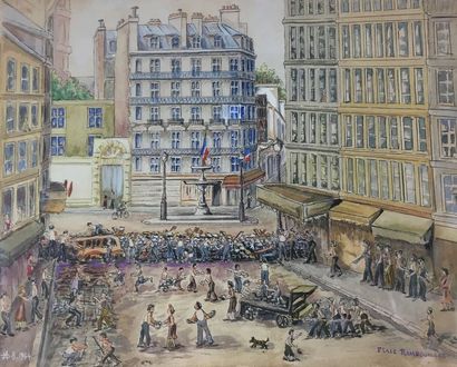 null ECOLE MODERNE 

Place Rambouillet à la Libération en 1944

Encre et aquarelle...