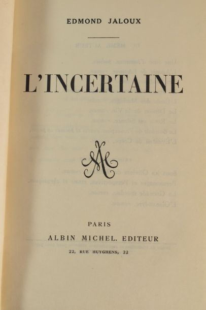 null JALOUX, L'Incertaine.

Paris, Albin Michel, 1918. In-12, demi-maroquin mauve...