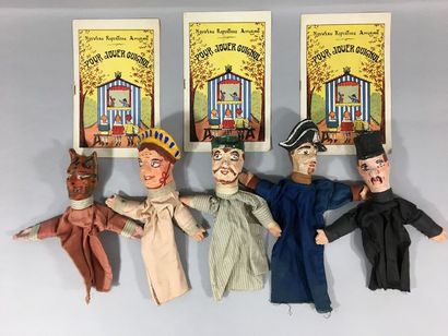 null Ensemble de 6 marionnettes de théâtre de Guignol, têteset mains en papier mâché...