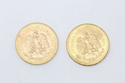 null Deux pièces en or (900) de 50 pesos. 

TB à TTB. 

Poids : 83.20 g. 