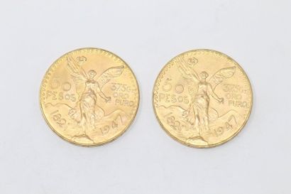 Deux pièces en or (900) de 50 pesos. 

TB...