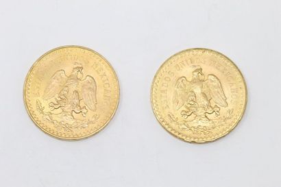 null Deux pièces en or (900) de 50 pesos. 

TB à TTB. 

Poids : 83.20 g. 